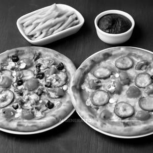 12" Veggie Delight Pizza + 12" Sunday Morning Pizza + 1 French Fries + 1 Choco Lava