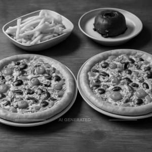 12" Sunday Morning Pizza + 12" Sunday Morning Pizza + 1 French Fries + 1 Choco Lava