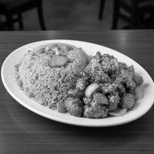 Schezwan Pork Fried Rice + Honey Chilli Pork