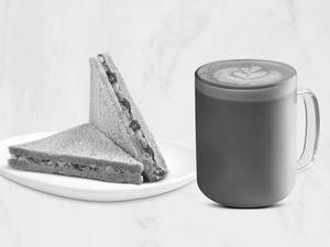 Short Hot Toasted Jaggery Espresso with Spinach and Corn Sandwich