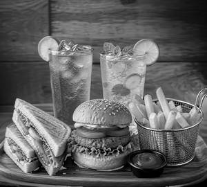 Mix veg burger + mix veg sandwich + blue lagoon / fresh lime soda / fries