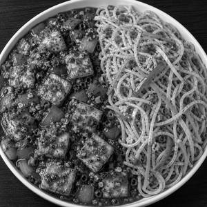 VEG HAKKA NOODLES WITH GARLIC PANEER GRAVY