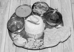 Rice Thali With Mutton Curry