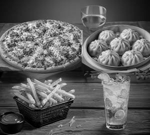 Chicken Pizza [8 Inches]  ,Chicken Momos, Fries, And Mojito