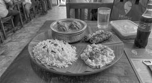 Ghee rice, 2pc Butter chicken, 2pc Kabab, Raitha salad