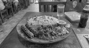 Ghee rice, Beef palli curry, 2pc Kabab, Raitha salad