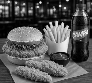1 Chicken Burger + 2 Pcs Crispy Chicken Strips+fries+200ml campa