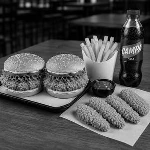 2 Chicken Burgers + 4 Pcs Crispy Chicken Strips+ fries+200ml campa