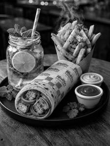 Paneer tikka roll plus small fries plus any mojito