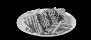 Bbq Chicken And Cheese Club Sandwich With French Fries