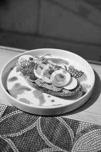 Sourdough Guacamole With Egg Slices & Chilly Oil