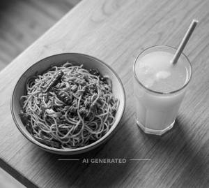 Schezwan noodles + Pineapple juice