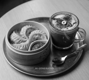 Steamed momos + Nuterla hot chocolate hot coffee