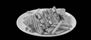 Makhani Paneer And Cheese Club Sandwich With French Fries