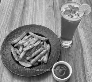 French Fries + Blue Corraco Mocktail