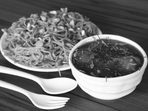 Veg Chowmein With Veg Manchurian [Half] And Spring Roll