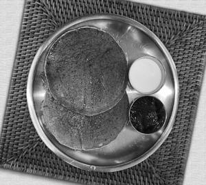 Millet whole wheat pancake with sohryngkham honey and fruit compote