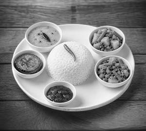 Veg Thali - Steam Rice + Dal + Sabzi + Papad + Pickle + Aloo Bhaji