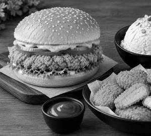 Chicken burger chicken nuggets (310) (fried) vanilla ice cream scoop