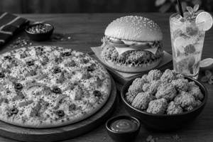 Chicken pizza chicken burger chicken popcorn (fried) mojito