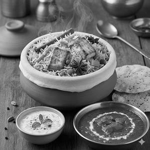 Brothers Special Paneer Handi Dum Biryani With Tadka Raita, Papad And Gravy [ NO ONION NO GARLIC ]