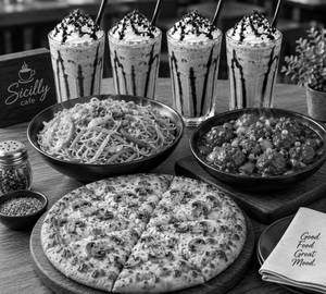4 Cold Coffee + Hakka Noodles + Gravy Manchurian + Mushroom Pizza