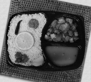 Steam Rice+ Pork Dry Fry(4Pcs)+ Dal + Lemon + Pickle+ Onion