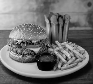 Veg burger with fries and cold coffee