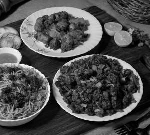 Chicken fried rice and chilly chicken and chicken pakoda