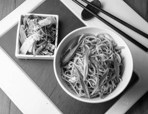 Stir Fried Asian Greens, Brown Chilli Garlic + Veg Hakka Noodles
