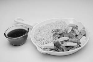 Brown Rice Meal Loaded with Tofu in BBQ Sauce