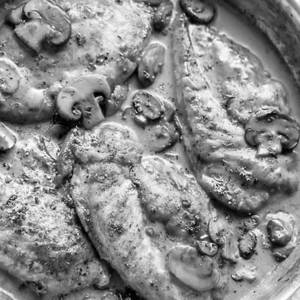 Marsala Al Olio Chi Or Ricotta Herbed Cutlet, Penne Pasta Grilled Veggies In Creamy Mushroom Sauce