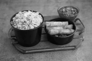 Chicken Spring Roll (3), Chicken Noodles/rice, Choco Lava/brownie