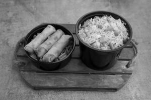 Veg Spring Roll (4), Veg Fried Rice/hakka Noodles + Choco Lava/brownie